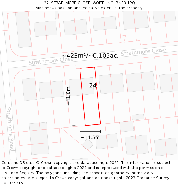 24, STRATHMORE CLOSE, WORTHING, BN13 1PQ: Plot and title map