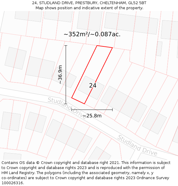 24, STUDLAND DRIVE, PRESTBURY, CHELTENHAM, GL52 5BT: Plot and title map