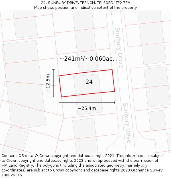 24, SUNBURY DRIVE, TRENCH, TELFORD, TF2 7EA: Plot and title map