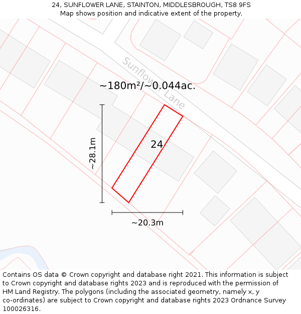 24, SUNFLOWER LANE, STAINTON, MIDDLESBROUGH, TS8 9FS: Plot and title map