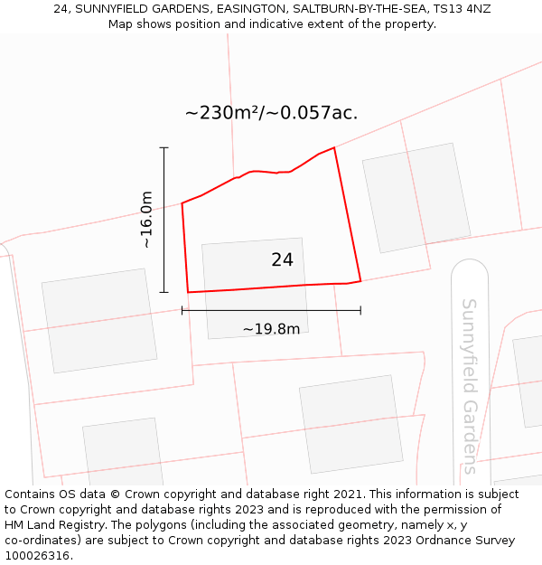 24, SUNNYFIELD GARDENS, EASINGTON, SALTBURN-BY-THE-SEA, TS13 4NZ: Plot and title map