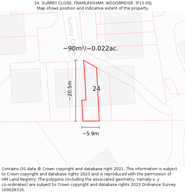 24, SURREY CLOSE, FRAMLINGHAM, WOODBRIDGE, IP13 9SJ: Plot and title map