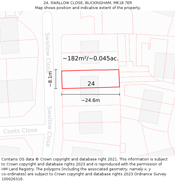24, SWALLOW CLOSE, BUCKINGHAM, MK18 7ER: Plot and title map