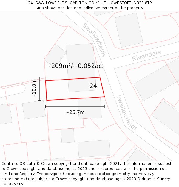 24, SWALLOWFIELDS, CARLTON COLVILLE, LOWESTOFT, NR33 8TP: Plot and title map