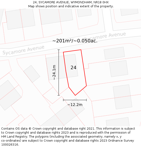 24, SYCAMORE AVENUE, WYMONDHAM, NR18 0HX: Plot and title map