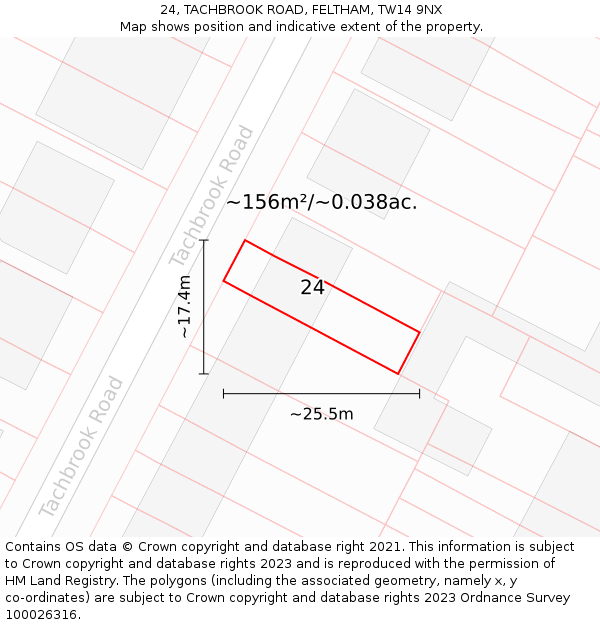 24, TACHBROOK ROAD, FELTHAM, TW14 9NX: Plot and title map