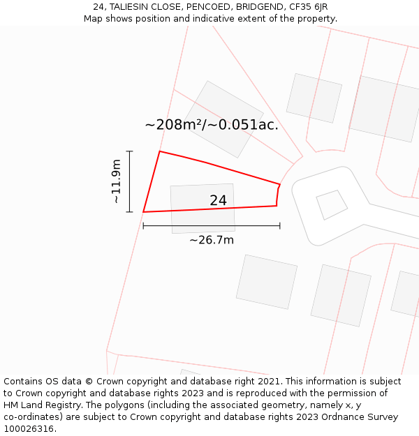 24, TALIESIN CLOSE, PENCOED, BRIDGEND, CF35 6JR: Plot and title map