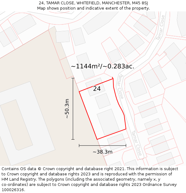 24, TAMAR CLOSE, WHITEFIELD, MANCHESTER, M45 8SJ: Plot and title map