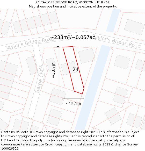 24, TAYLORS BRIDGE ROAD, WIGSTON, LE18 4NL: Plot and title map