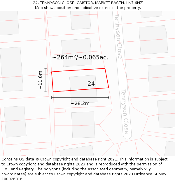 24, TENNYSON CLOSE, CAISTOR, MARKET RASEN, LN7 6NZ: Plot and title map