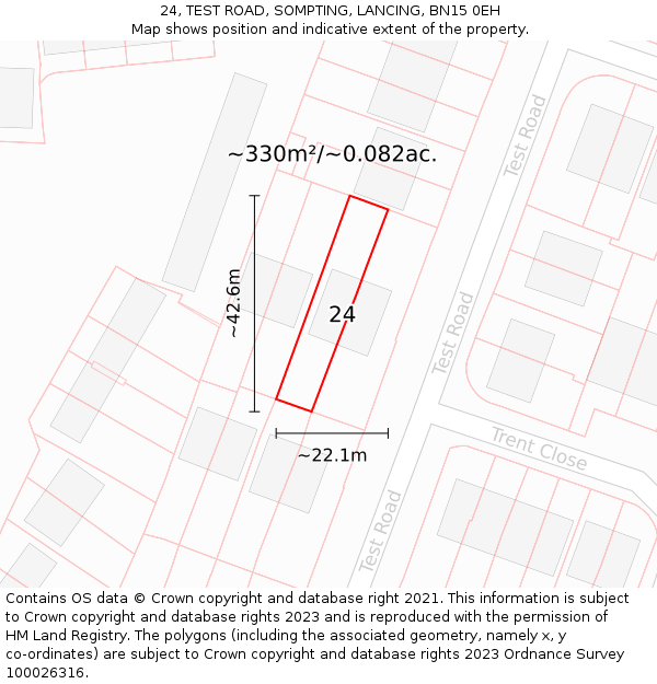 24, TEST ROAD, SOMPTING, LANCING, BN15 0EH: Plot and title map