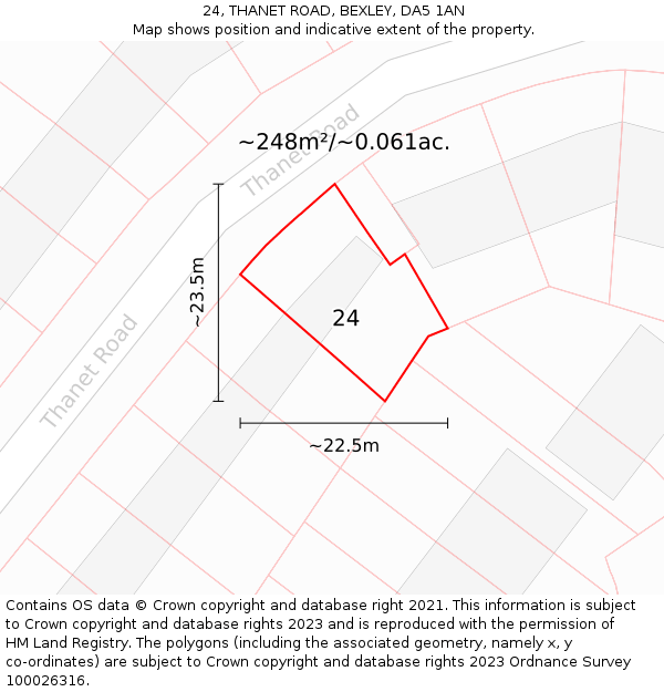 24, THANET ROAD, BEXLEY, DA5 1AN: Plot and title map