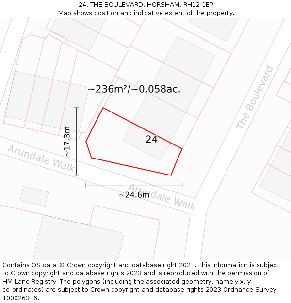 24, THE BOULEVARD, HORSHAM, RH12 1EP: Plot and title map