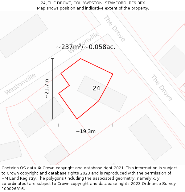 24, THE DROVE, COLLYWESTON, STAMFORD, PE9 3PX: Plot and title map