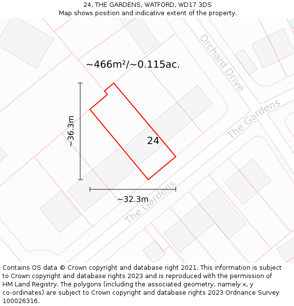 24, THE GARDENS, WATFORD, WD17 3DS: Plot and title map