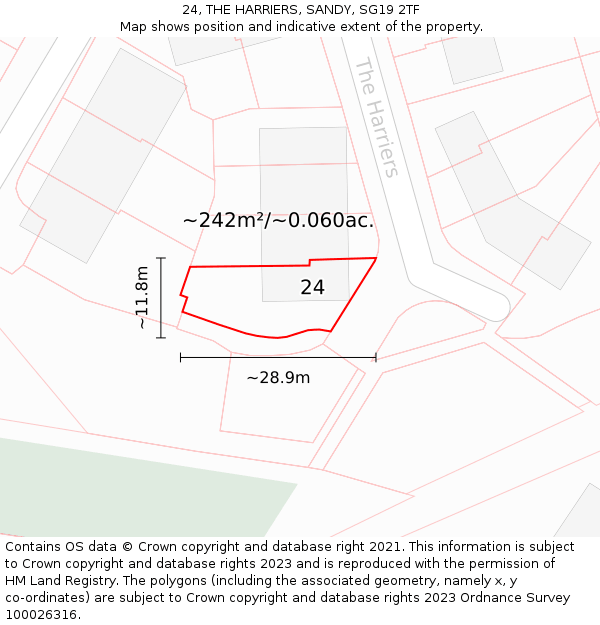 24, THE HARRIERS, SANDY, SG19 2TF: Plot and title map