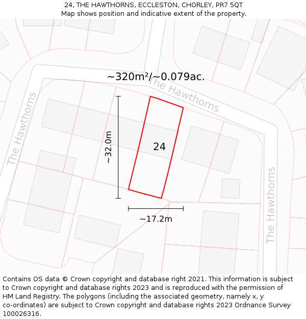 24, THE HAWTHORNS, ECCLESTON, CHORLEY, PR7 5QT: Plot and title map
