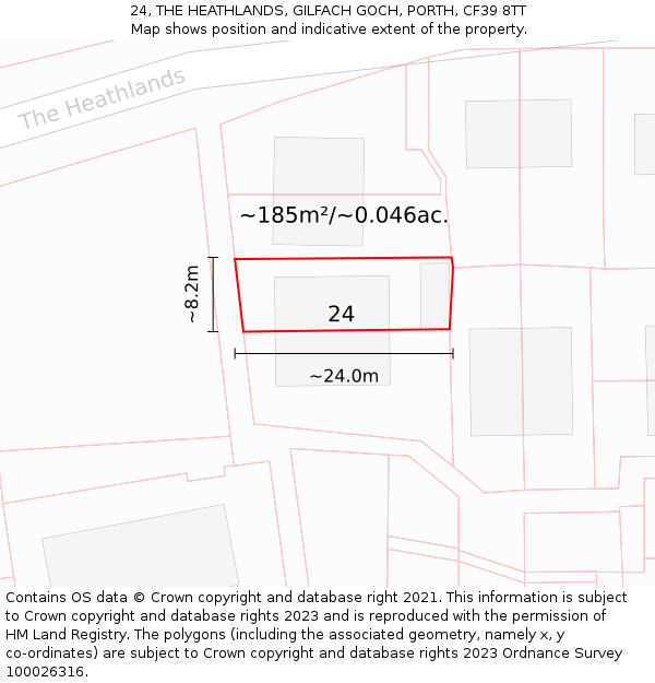 24, THE HEATHLANDS, GILFACH GOCH, PORTH, CF39 8TT: Plot and title map