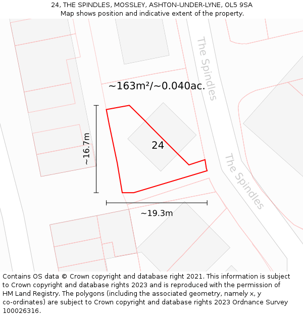 24, THE SPINDLES, MOSSLEY, ASHTON-UNDER-LYNE, OL5 9SA: Plot and title map