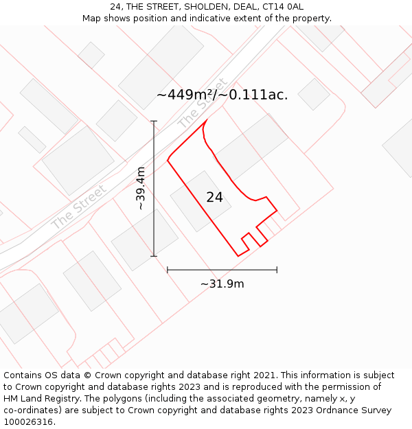 24, THE STREET, SHOLDEN, DEAL, CT14 0AL: Plot and title map