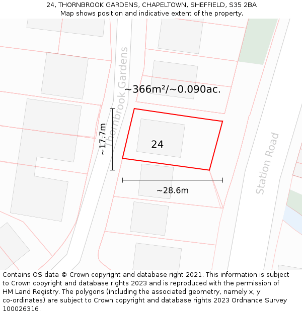 24, THORNBROOK GARDENS, CHAPELTOWN, SHEFFIELD, S35 2BA: Plot and title map