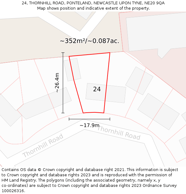 24, THORNHILL ROAD, PONTELAND, NEWCASTLE UPON TYNE, NE20 9QA: Plot and title map