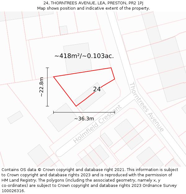 24, THORNTREES AVENUE, LEA, PRESTON, PR2 1PJ: Plot and title map