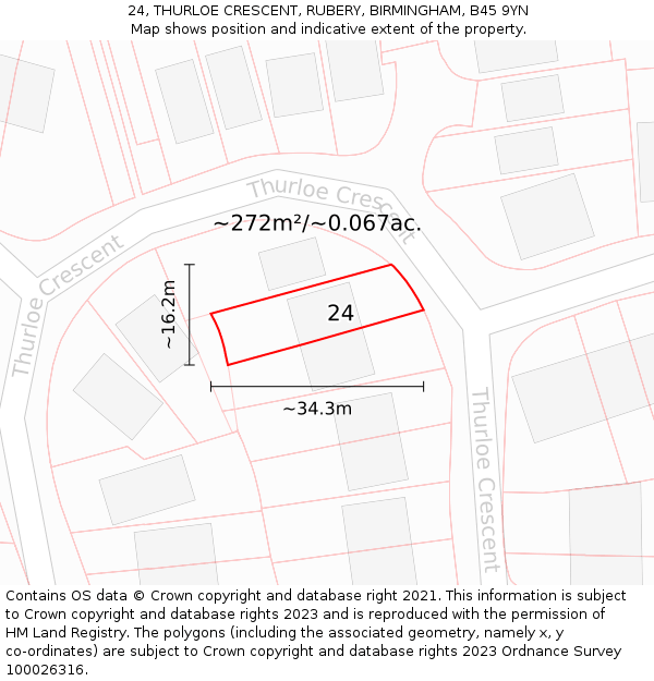 24, THURLOE CRESCENT, RUBERY, BIRMINGHAM, B45 9YN: Plot and title map