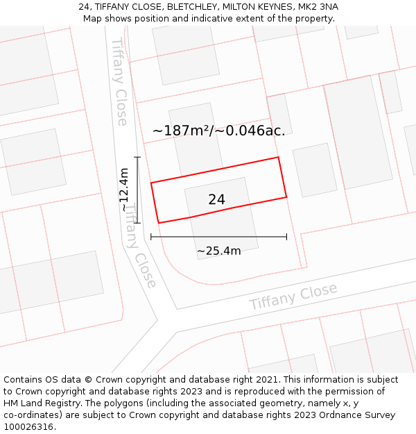 24, TIFFANY CLOSE, BLETCHLEY, MILTON KEYNES, MK2 3NA: Plot and title map