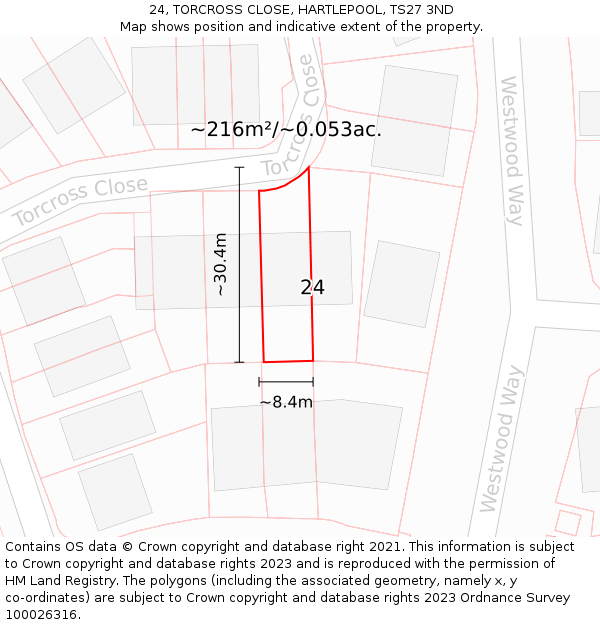 24, TORCROSS CLOSE, HARTLEPOOL, TS27 3ND: Plot and title map