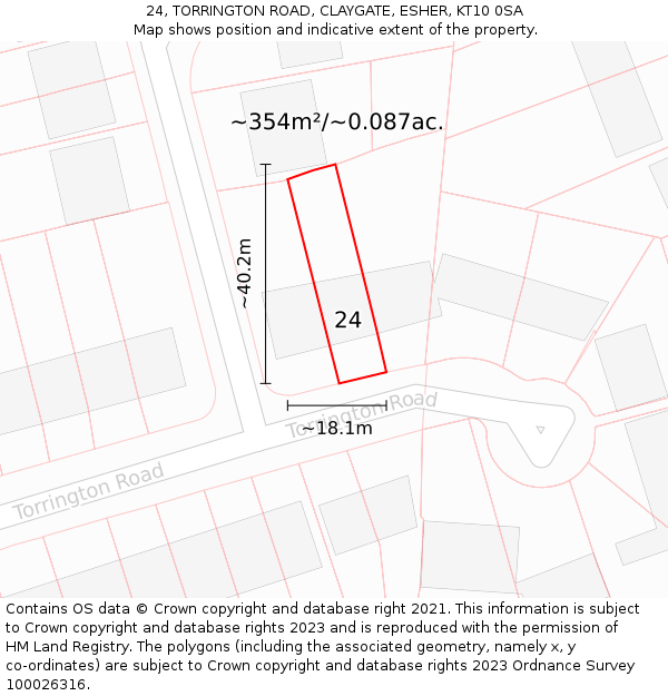 24, TORRINGTON ROAD, CLAYGATE, ESHER, KT10 0SA: Plot and title map