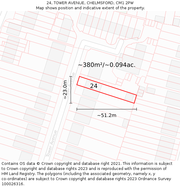 24, TOWER AVENUE, CHELMSFORD, CM1 2PW: Plot and title map