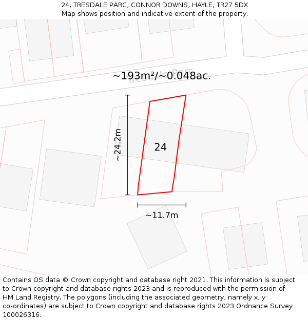 24, TRESDALE PARC, CONNOR DOWNS, HAYLE, TR27 5DX: Plot and title map