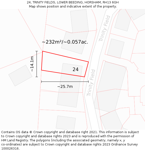 24, TRINITY FIELDS, LOWER BEEDING, HORSHAM, RH13 6GH: Plot and title map