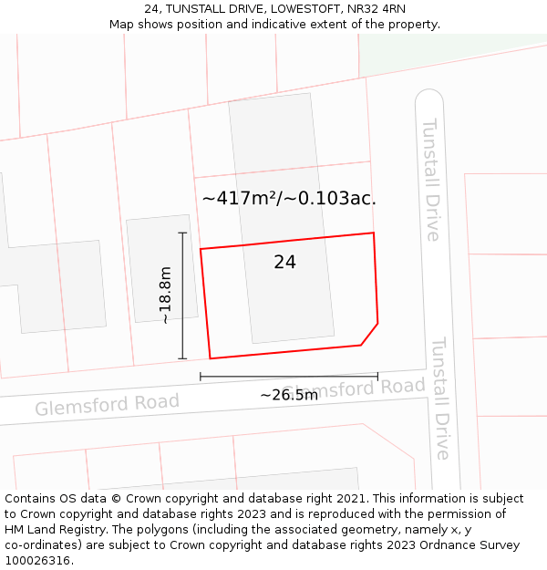 24, TUNSTALL DRIVE, LOWESTOFT, NR32 4RN: Plot and title map