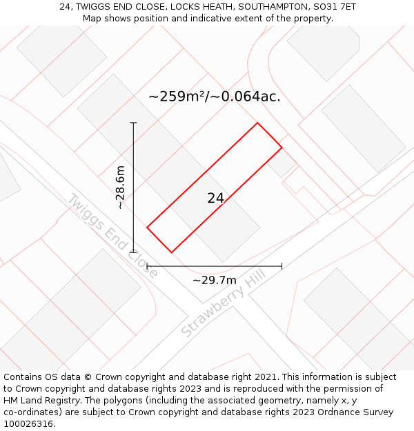 24, TWIGGS END CLOSE, LOCKS HEATH, SOUTHAMPTON, SO31 7ET: Plot and title map