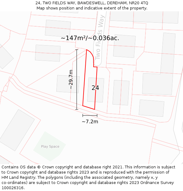 24, TWO FIELDS WAY, BAWDESWELL, DEREHAM, NR20 4TQ: Plot and title map