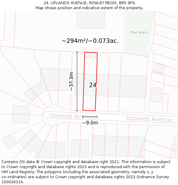 24, UPLANDS AVENUE, ROWLEY REGIS, B65 9PS: Plot and title map