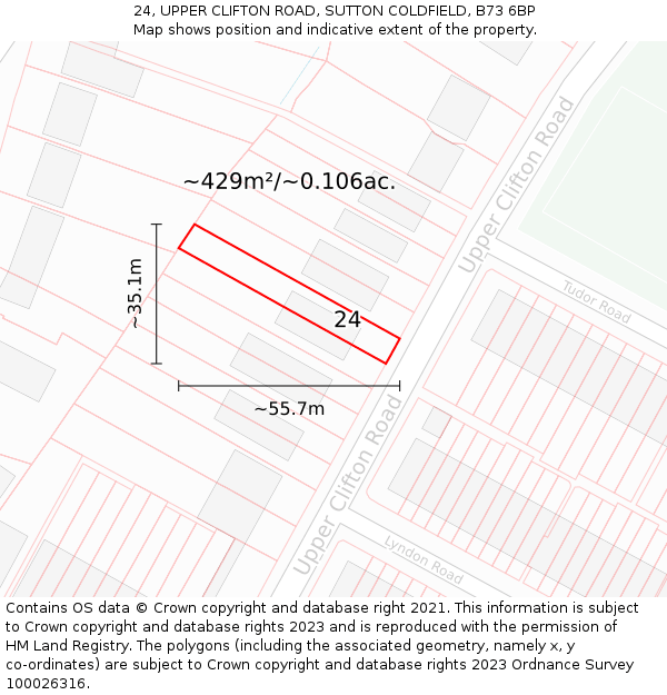 24, UPPER CLIFTON ROAD, SUTTON COLDFIELD, B73 6BP: Plot and title map