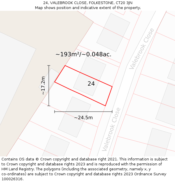 24, VALEBROOK CLOSE, FOLKESTONE, CT20 3JN: Plot and title map