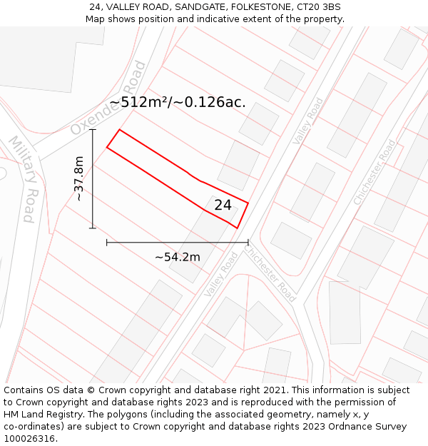 24, VALLEY ROAD, SANDGATE, FOLKESTONE, CT20 3BS: Plot and title map