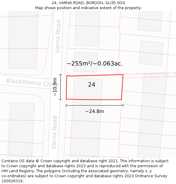24, VARNA ROAD, BORDON, GU35 0DG: Plot and title map