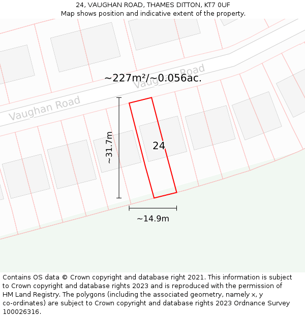 24, VAUGHAN ROAD, THAMES DITTON, KT7 0UF: Plot and title map
