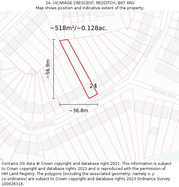 24, VICARAGE CRESCENT, REDDITCH, B97 4RG: Plot and title map