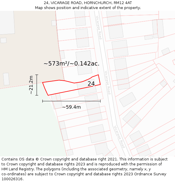 24, VICARAGE ROAD, HORNCHURCH, RM12 4AT: Plot and title map