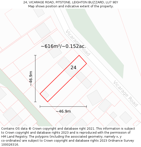 24, VICARAGE ROAD, PITSTONE, LEIGHTON BUZZARD, LU7 9EY: Plot and title map