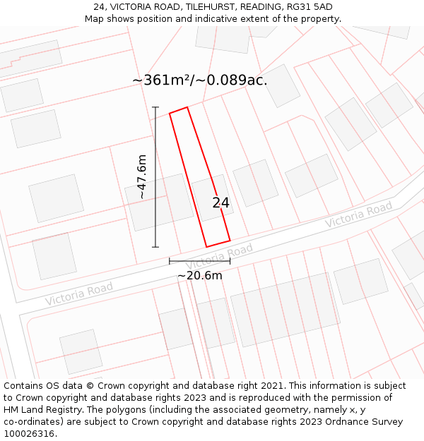 24, VICTORIA ROAD, TILEHURST, READING, RG31 5AD: Plot and title map