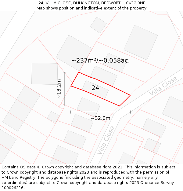 24, VILLA CLOSE, BULKINGTON, BEDWORTH, CV12 9NE: Plot and title map