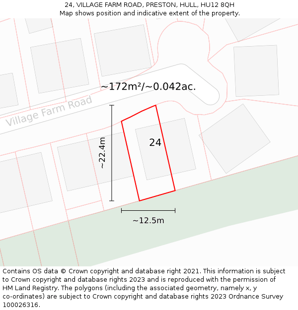 24, VILLAGE FARM ROAD, PRESTON, HULL, HU12 8QH: Plot and title map