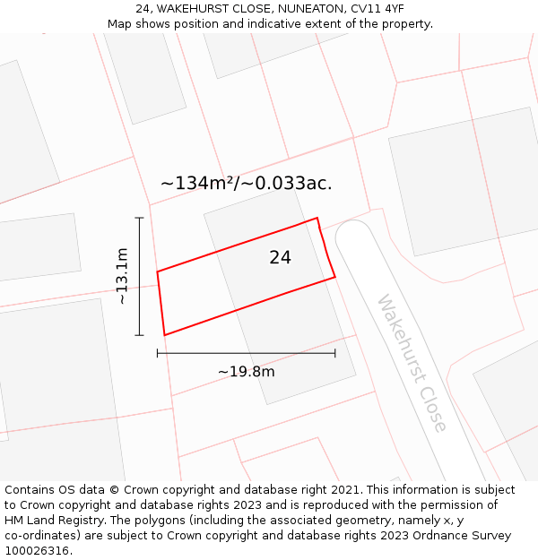 24, WAKEHURST CLOSE, NUNEATON, CV11 4YF: Plot and title map